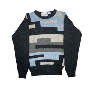 Vintage 80's Retro New Forces Abstract Knit Sweater Black Gray Blue Size S